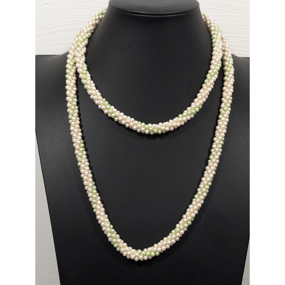 Vintage Green Cream Cluster Woven Faux Pearl Layering Long Necklace 42 in